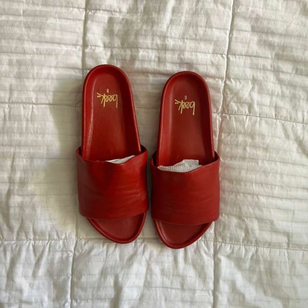 Beek Red Leather Slide Sandals with Gold Logo Insole